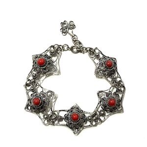 Antique Silver Filigree Coral Bracelet